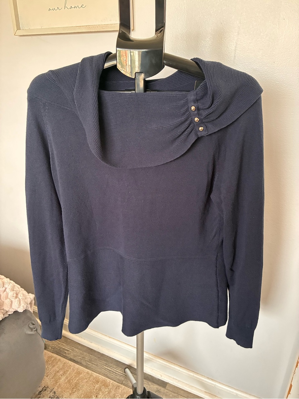 Cato Navy Knit Sweater with Buttoned Cowl Collar
